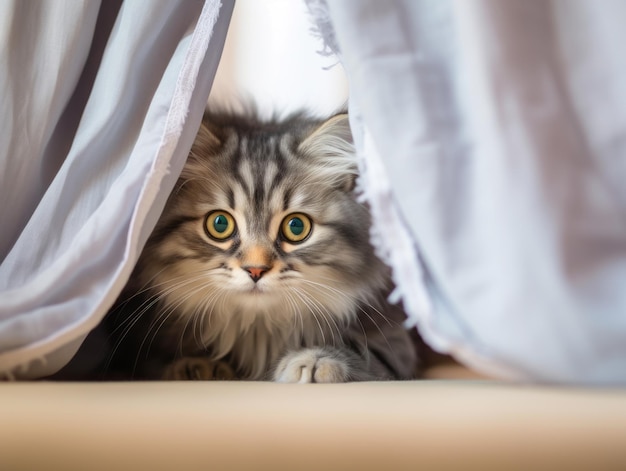 adorável gatinho espiando por trás de uma cortina