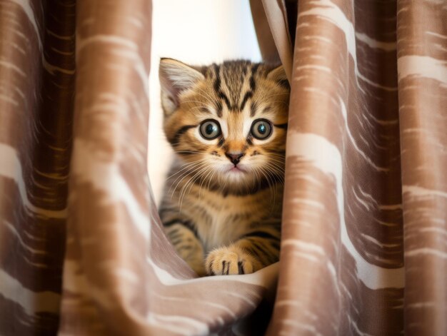 adorável gatinho espiando por trás de uma cortina