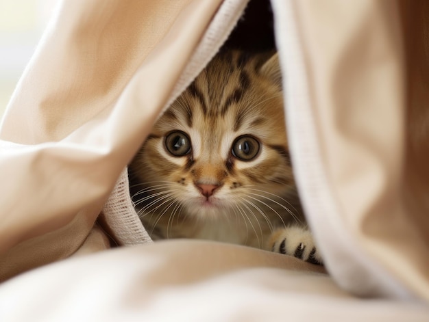 Foto adorável gatinho espiando por trás de uma cortina