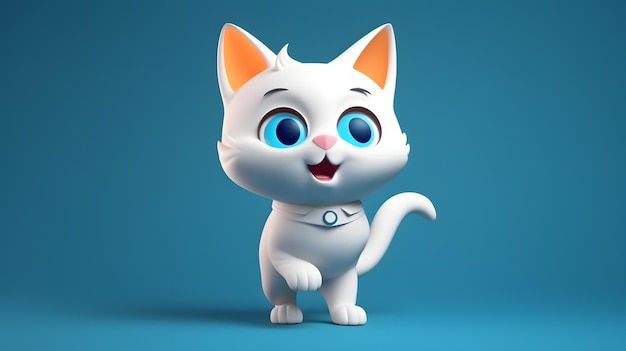 Adorável gato branco com olhos azuis em renderização 3D em fundo azul perfeito para desenhos animados bonitos ou design de personagens de animação