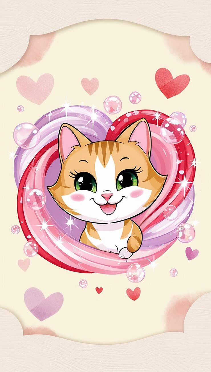 Foto adorável gato de desenho animado do dia dos namorados com corações