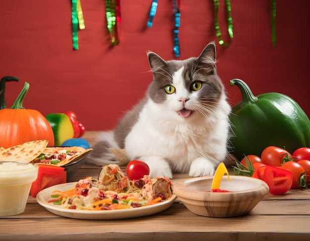 Adorável gato de estimação com comida mexicana moda Cinco De Mayo