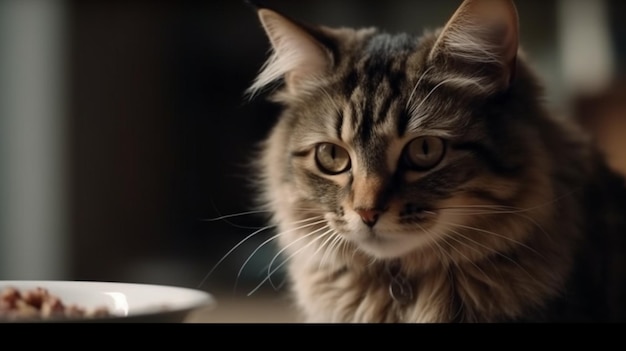 Adorável gato doméstico com pelo marrom e branco comendo comida do prato no fundo desfocado