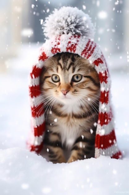 Adorável gato na neve com chapéu de Papai Noel e cachecol gerado por IA