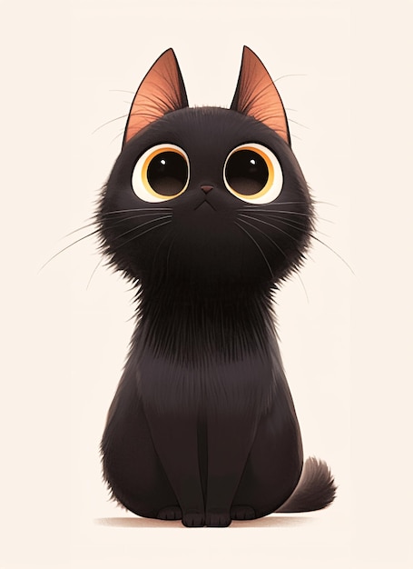 Adorável Gato Negro com Olhos Grandes Ilustração