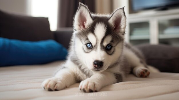 Adorável Husky Siberiano deitado confortavelmente em um tapete branco