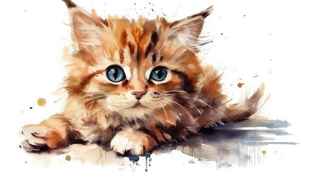 Adorável ilustração de gatinho em aquarela sobre fundo branco