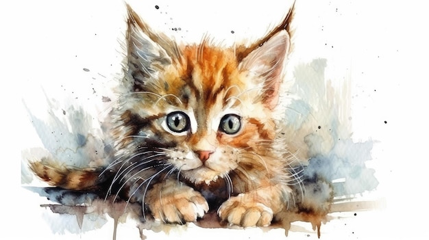 Adorável ilustração de gatinho em aquarela sobre fundo branco