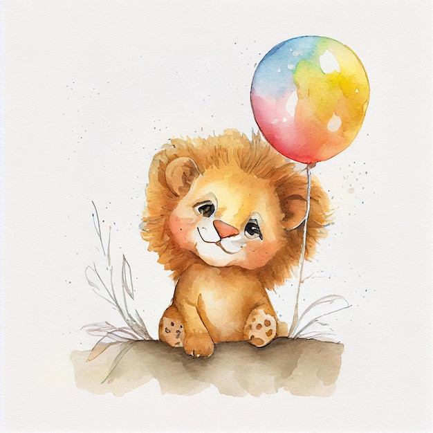 Adorável ilustração em aquarela de animais do Safari, leões bebês com balões em um fundo branco perfeito para um berçário ou quarto de crianças para adesivo de cartão postal de convite e banner