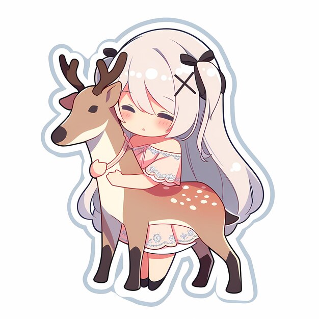 Adorável Kawaii Ilustrado Chibi Anime Deer Girl Adesivo de arte vetorial com linha em negrito e bonito bonito