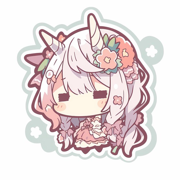 Adorável Kawaii ilustrado Chibi Anime Unicorn Girl Adesivo de arte vetorial com linha em negrito e bonito