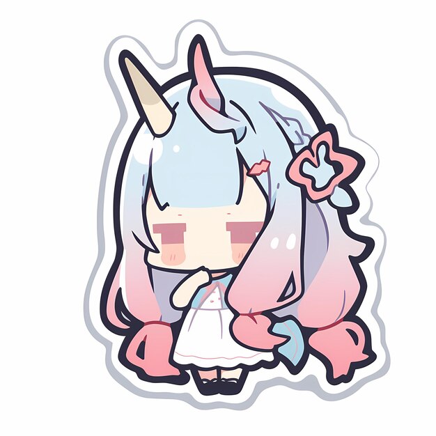 Adorável Kawaii ilustrado Chibi Anime Unicorn Girl Adesivo de arte vetorial com linha em negrito e bonito