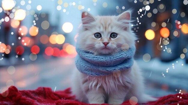 adorável Kitty Cat e cachorrinho na cidade de Natal com neve noite de inverno festivo