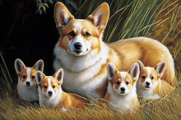 Adorável mãe Corgi cuida orgulhosamente de sua ninhada de quatro filhotes brincalhões na grama Generative AI