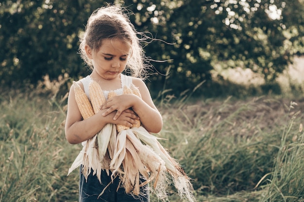 Adorável menina brincando em um campo de milho em um lindo dia de outono. Criança bonita segurando uma espiga de milho. Colher com crianças. Atividades de outono para crianças.