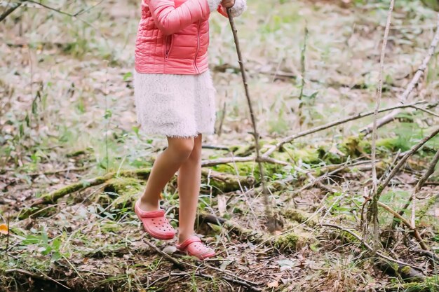 Adorável menina, caminhadas na floresta num dia de verão