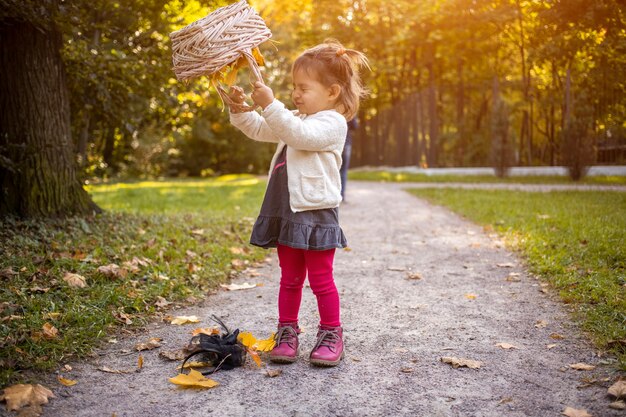 Adorável menina criança brincando de outono ensolarado prak linda menina derrama folhas amarelas de outono