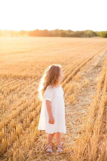 Adorável menina encaracolada 4 anos de idade em um vestido branco ao sol ao pôr do sol em um campo de trigo ceifado Criança feliz fora Caminhar Verão quente Emoções