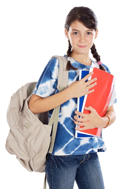 Adorável menina estudando na escola um fundo branco