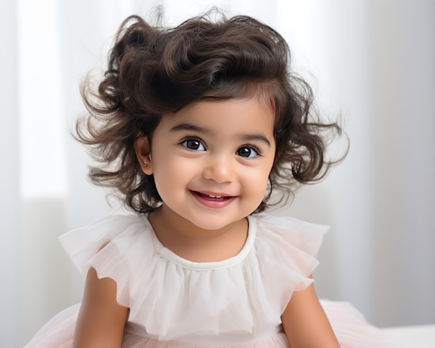 Adorável menina indiana com blusa rosa pastel e saia branca com babados sorrindo de alegria