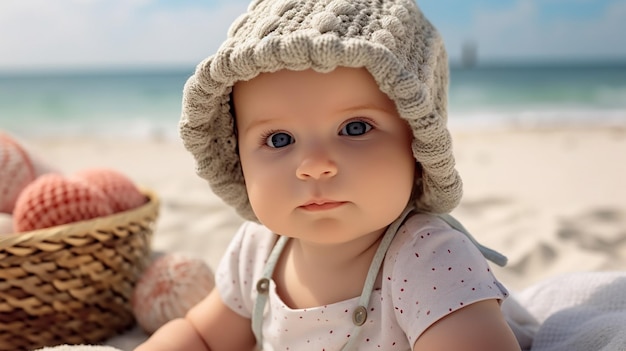 adorável menina na praia IA generativa