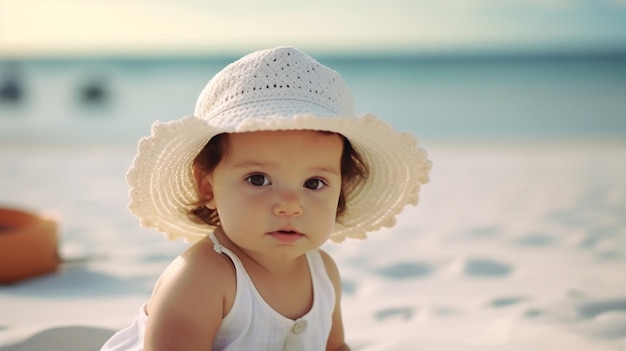 adorável menina na praia IA generativa