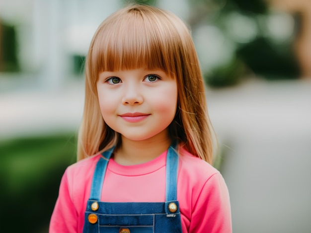 Foto adorável menina pequena com franja loira e camiseta rosa fundo desfocado generative ai