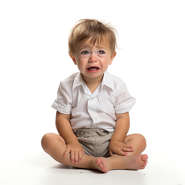 Foto adorável menino chateado em fraldas está sentado e chorando isolado em fundo branco