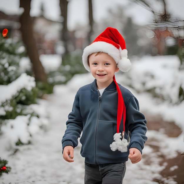 Adorável menino com chapéu de Papai Noel se divertindo em um dia de inverno nevado