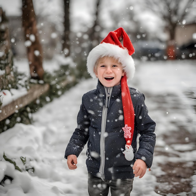 Adorável menino com chapéu de Papai Noel se divertindo em um dia de inverno nevado