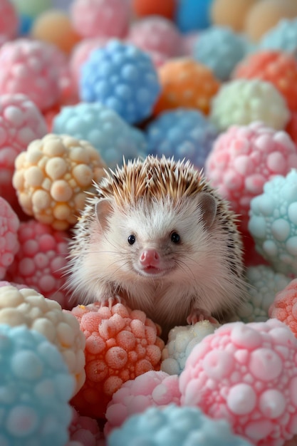 Adorável ouriço cercado por bolas texturizadas coloridas Cute Pet Concept Fotografia de Animais para