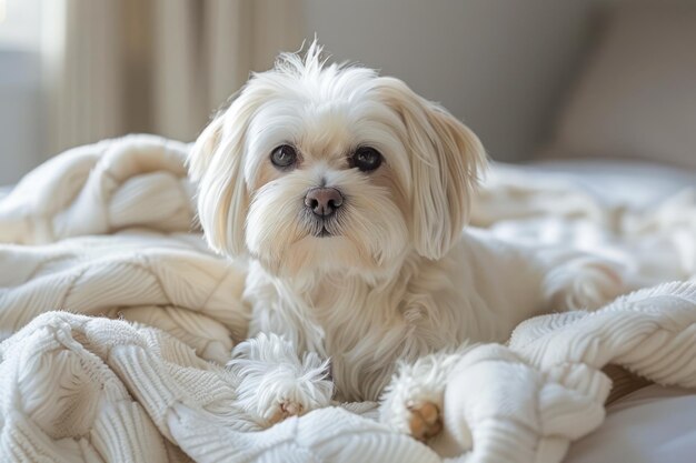 Adorável pequeno cão branco deitado confortavelmente em um aconchegante cobertor de tricô em ambientes com luz natural suave