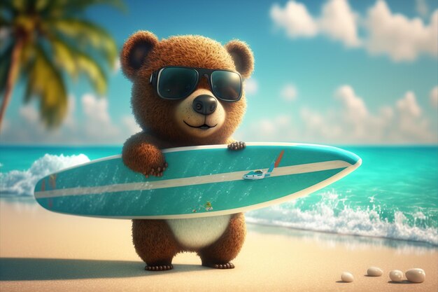 Adorável pequeno urso surfista com óculos de sol na praia