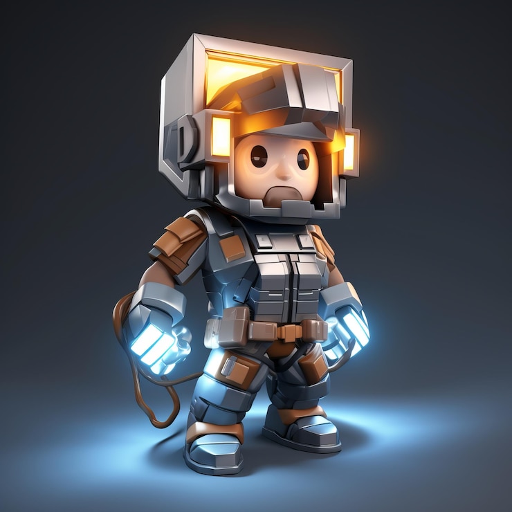 Foto adorável personagem de desenho animado voxel art com iluminação realista e estilo cargopunk