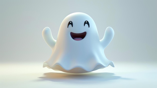 Adorável personagem fantasma 3D flutuando brincalhão em um fundo branco limpo perfeito para projetos de Halloween e projetos assustadores amigáveis