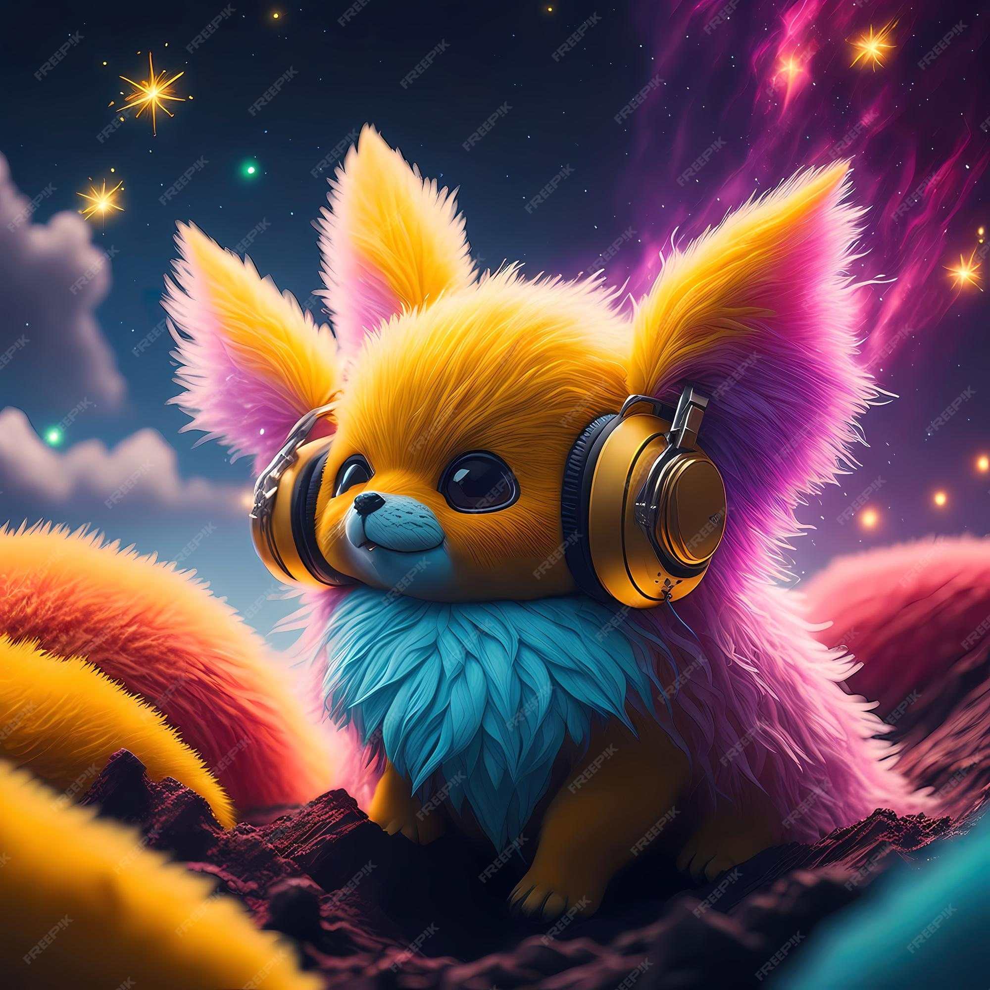 Adorável pintura animal peluda inspirada em pokémon com o ambiente  galáctico