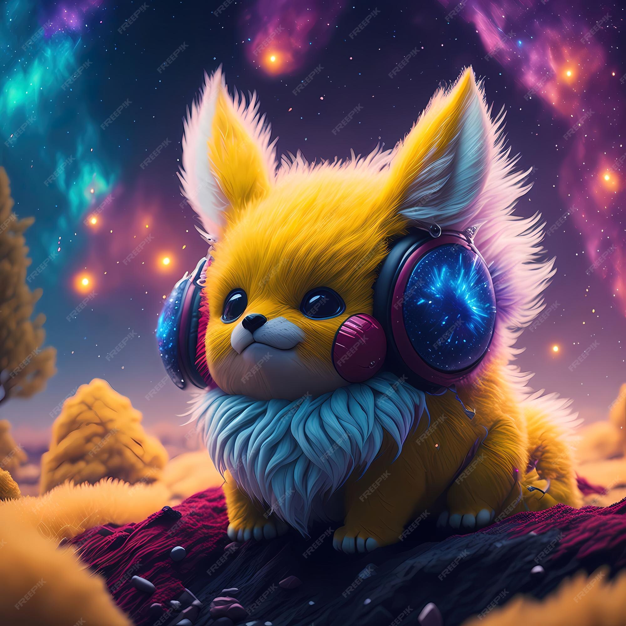 Adorável pintura animal peluda inspirada em pokémon com o ambiente  galáctico