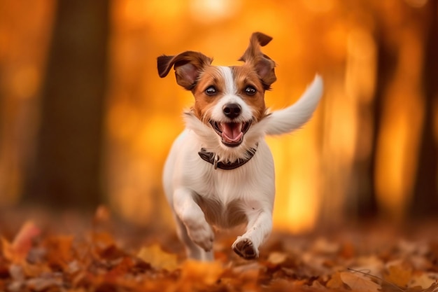 Adorável raça de cachorro Jack Russell Terrier brincando no parque de outono
