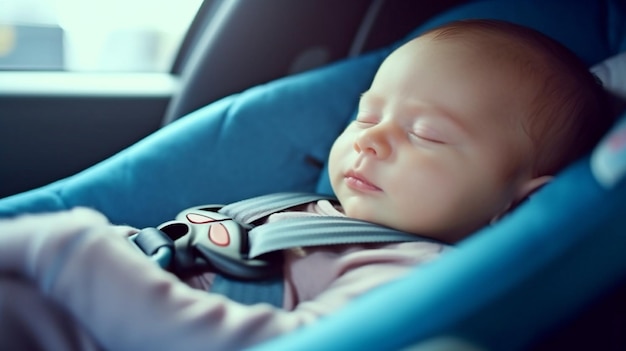 Adorável recém-nascido descansando sob a proteção do cinto de segurança em uma viagem de veículo Generative AI