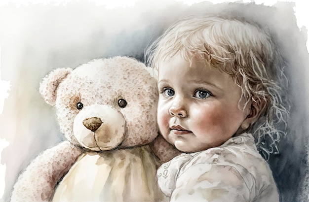 Adorável retrato de bebê com tons suaves de aquarela e bicho de pelúcia