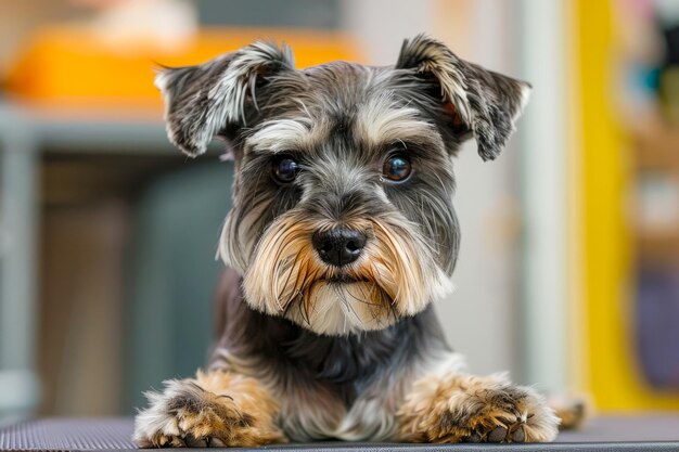 Adorável retrato de cão Schnauzer em miniatura com olhos expressivos e aparência bonita em casa