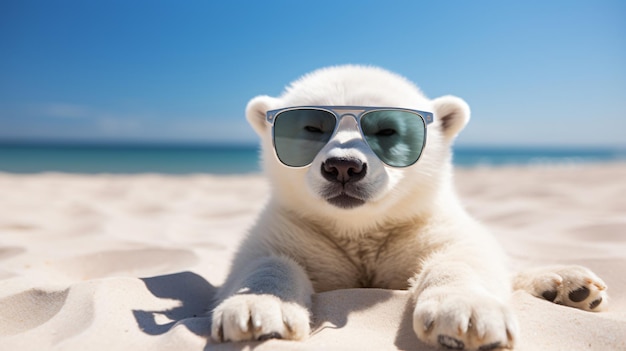 Adorável ursinho polar em óculos de sol na praia