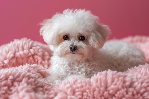 Adorável White Fluffy Bichon Frise Dog deitado confortavelmente em um cobertor rosa suave Cute Canine