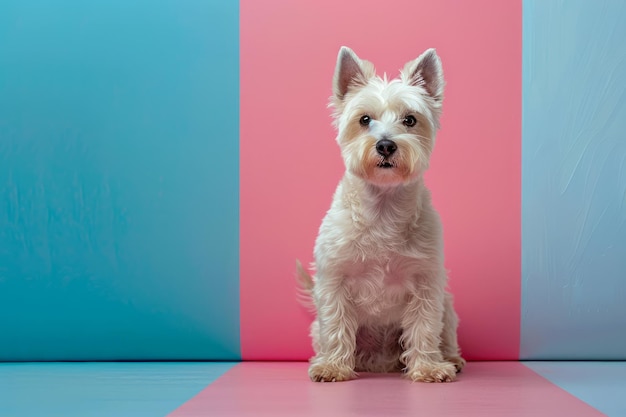 Adorável White West Highland Terrier Cão sentado contra fundo rosa e azul no estúdio