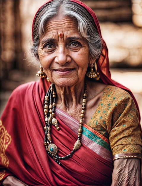 Foto adornada com um sari, a idosa celebra alegremente o holi, o festival das cores.