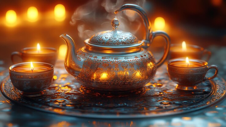 Adornado juego de té de plata con cálida luz de vela