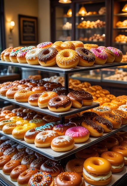 Adorne a exposição da sua padaria com tentadores bolinhos de açúcar doces deliciosos e donuts deliciosos