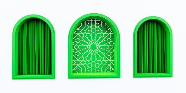 Adorno árabe dorado en la pared wal con ventanas islámicas verdes islámicas concepto vip islámico ramadan eid mubarak cortinas rojas