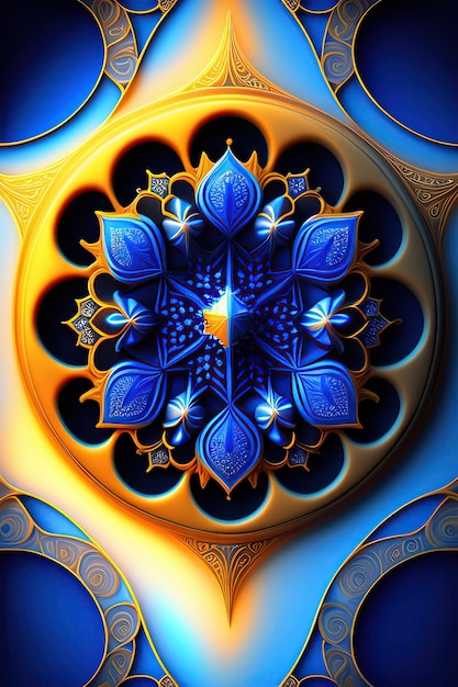 Adorno azul simétrico intrincado abstracto Fantásticas formas fractales brillantes Papel tapiz festivo