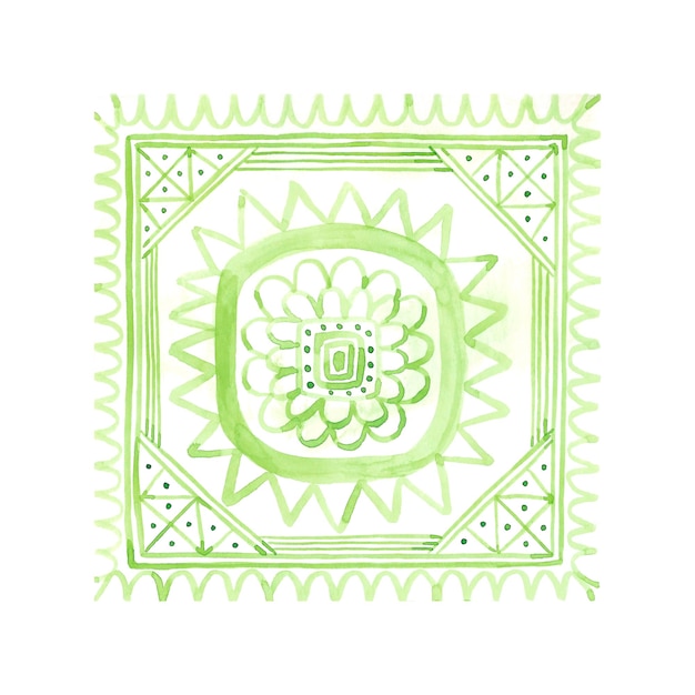 Adorno de azulejos verdes de acuarela dibujado a mano aislado sobre un fondo blanco La ilustración se puede utilizar para el patrón de etiquetas de tarjetas y otros productos impresos